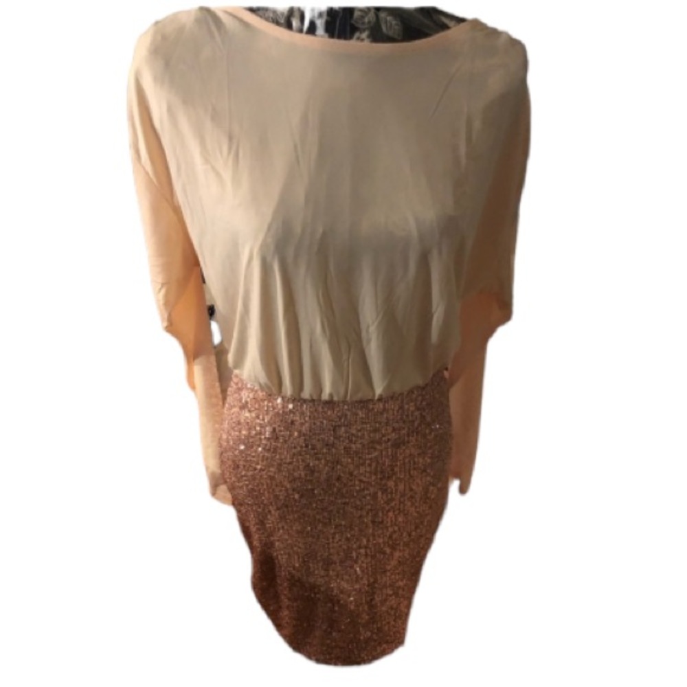Venus nude/copper sequin long sleeve dress open draped back size small